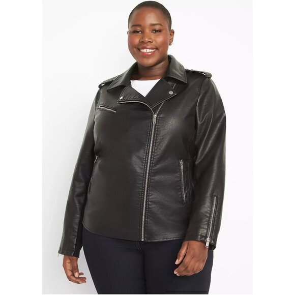Lane Bryant Black Moto Jacket Vegan Leather Silver Zippers Pockets Size 2X - Picture 2 of 9